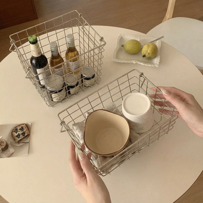ins风铁艺收纳篮桌面不锈钢置物架收纳筐厨房餐边柜杂物筐置物篮