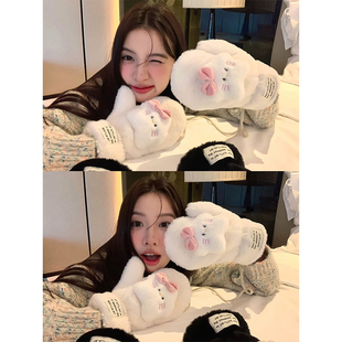 可爱全包毛绒护手套户外骑行防寒保暖学生骑车连指挂脖手套女冬季