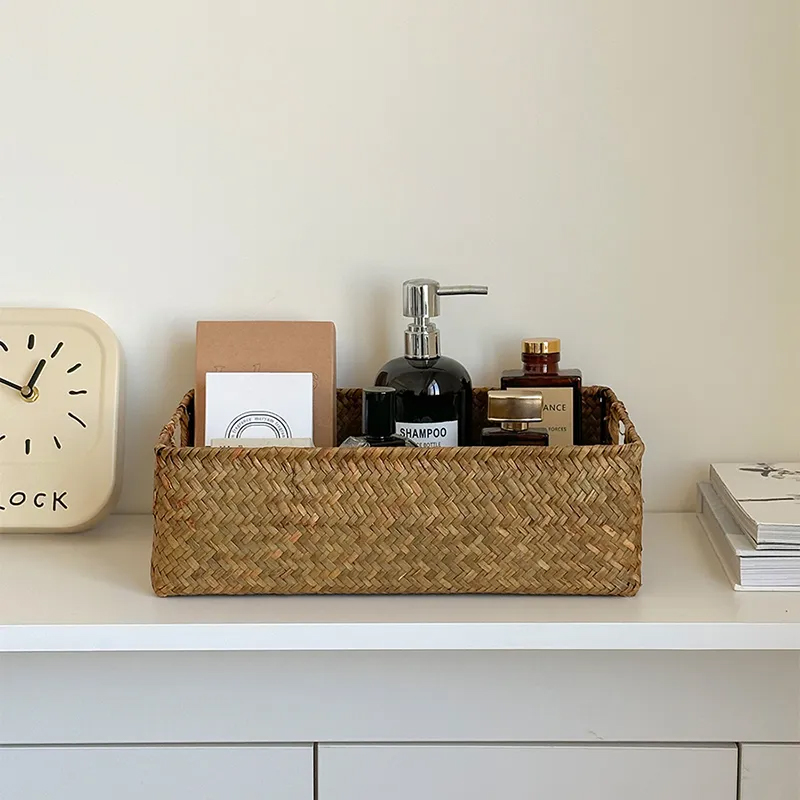 日式手提桌面收纳筐编织收纳盒化妆品杂物收纳篮子整理盒置物篮子