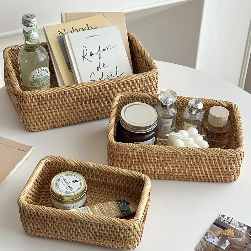 中古风收纳筐家用桌面收纳篮子长方形化妆品杂物整理储物筐收纳盒