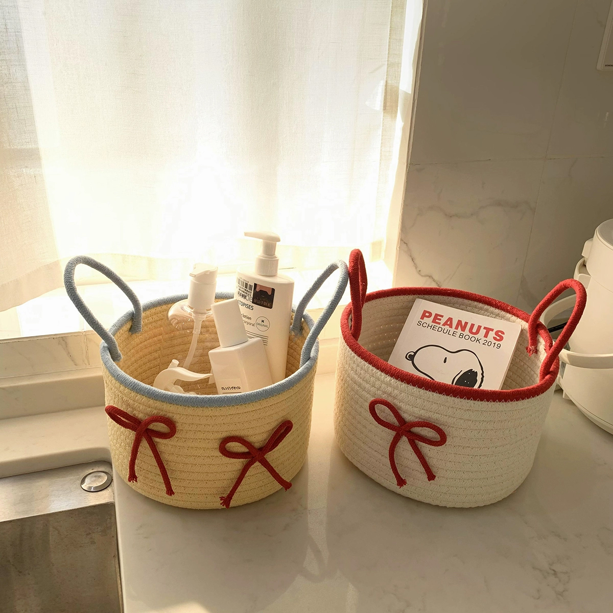 编织收纳筐桌面零食杂物整理收纳篮子可爱手工收纳框化妆品收纳盒