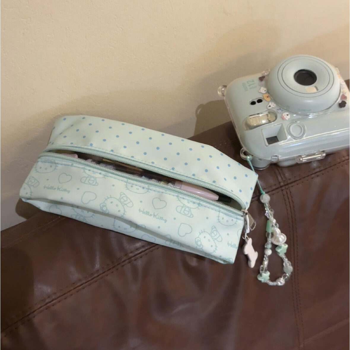 薄荷波点笔袋高颜值ins风女孩款文具袋初中小学女生大容量铅笔袋