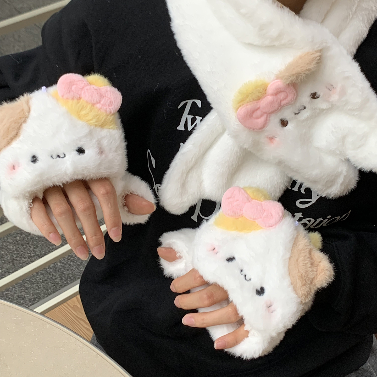 可爱猫咪半指翻盖手套女冬加厚保暖毛茸茸学生写字骑车可触屏手套