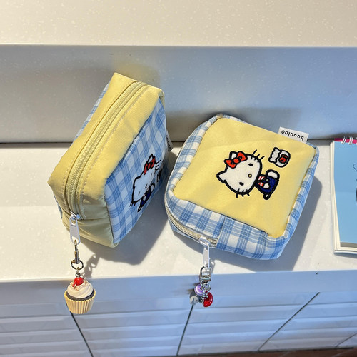 帆布格子豆腐包化妆包迷你收纳小包随身便携化妆品口红杂物零钱包