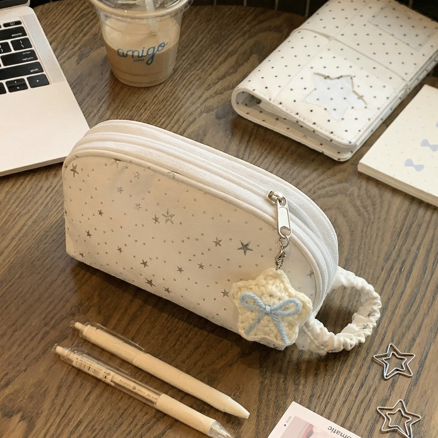简约ins少女心白色星星手提笔袋学生多隔层大容量女生文具收纳袋