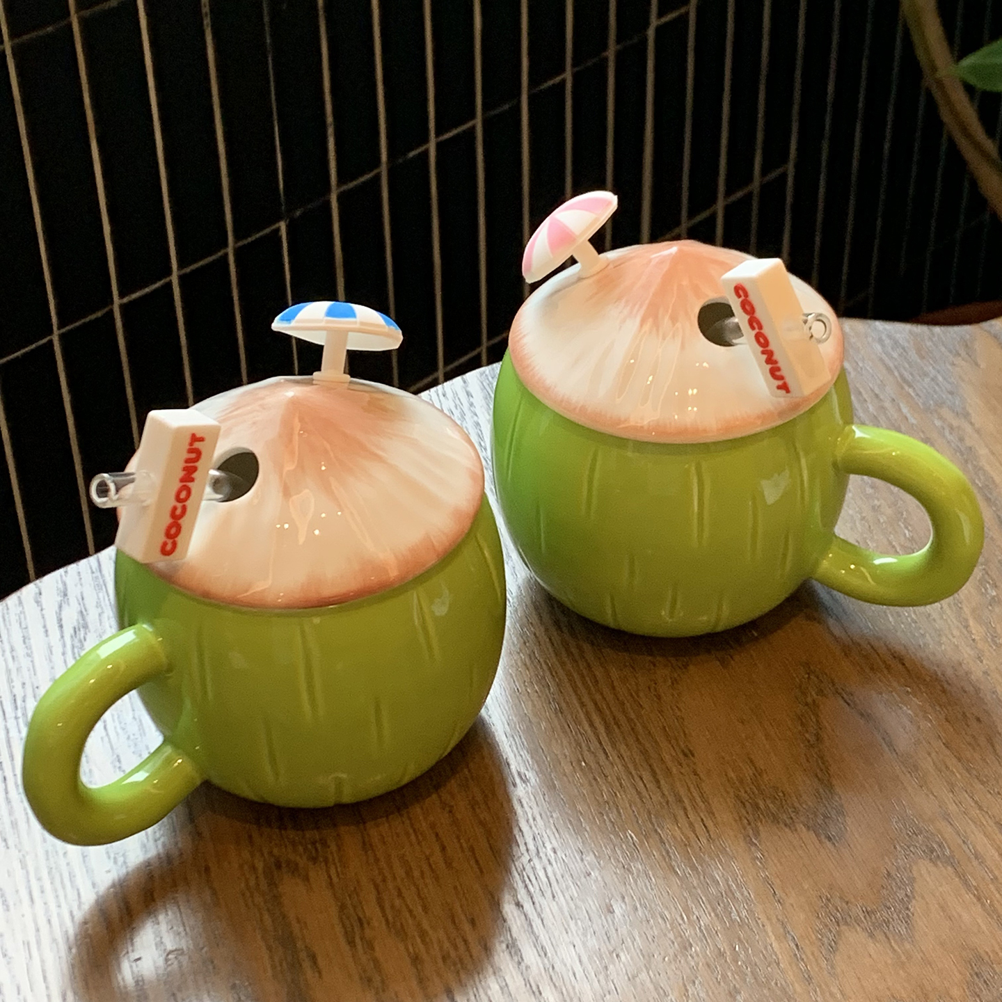 椰子杯带盖带吸管杯子陶瓷马克杯大容量夏日家用咖啡杯情侣杯一对