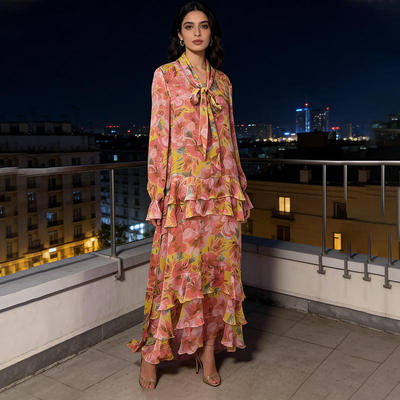 新款绯色度假风花朵印花系带领长袖宽松显瘦长裙2026春季女连衣裙