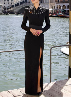 黑色优雅名媛风长款长裙2025镶钻性感包臀收腰连衣裙女KDR533421P