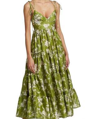 2023夏季绿色碎花裙 吊带印花 V领收腰显瘦 大性感连衣裙高腰裙