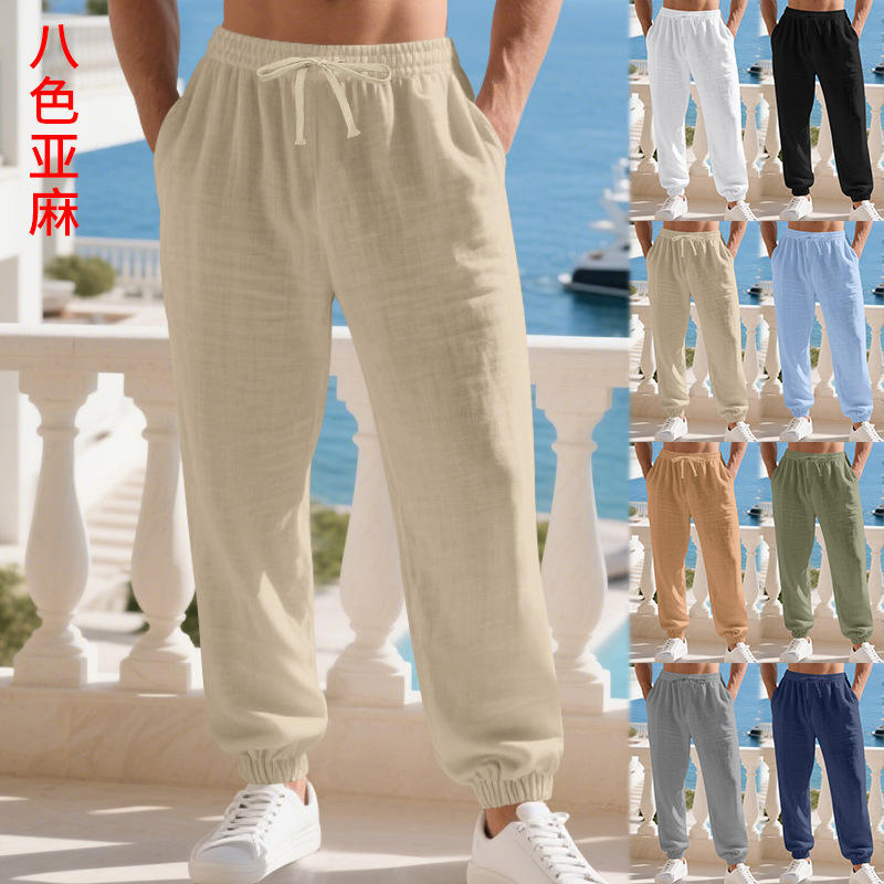 跨境独立站春秋款新品美式宽松亚麻居家男士休闲简约沙滩束脚长裤