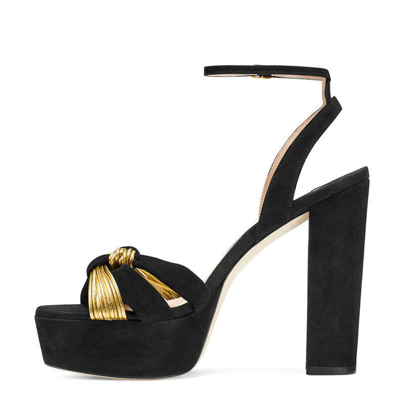黑色裸色羊京打结脚腕搭扣露趾露跟防水台粗高跟宴会凉鞋跨境电商