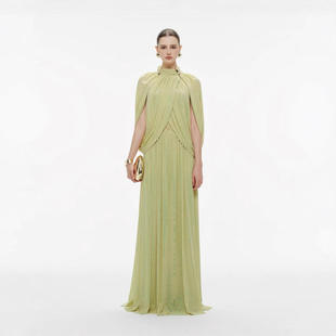 新款欧美外贸2025秋季立领气质纯色百褶针织长款连衣裙知性风