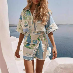 新款 夏日海边度假风两件套2025翻领短袖衬衫+高腰短裤印花套装女