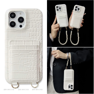 高级感鳄鱼纹插卡珍珠挂绳适用三星A55手机壳A54保护套a33三星A13a皮质a14放卡A15装 卡A22保护A51套A35手机壳