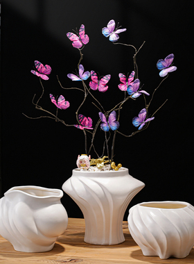 中式陶瓷花盆白色家用客厅民宿摆件高级感轻奢侘寂风盆景盆边几瓶