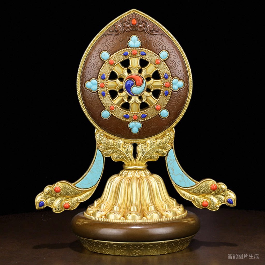 松吉仓 佛堂桌面摆件慧宝金轮宝B款黄铜八吉祥法轮修行器具摆件品