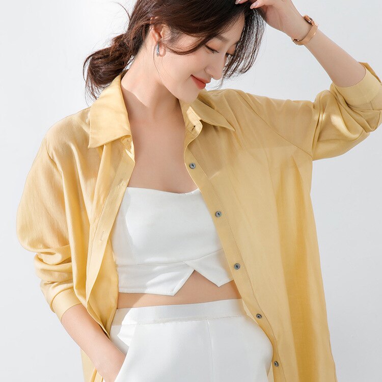 天丝雪纺衬衫女夏长袖宽松薄款防晒衣开衫衬衣糖果色超仙洋气纯色
