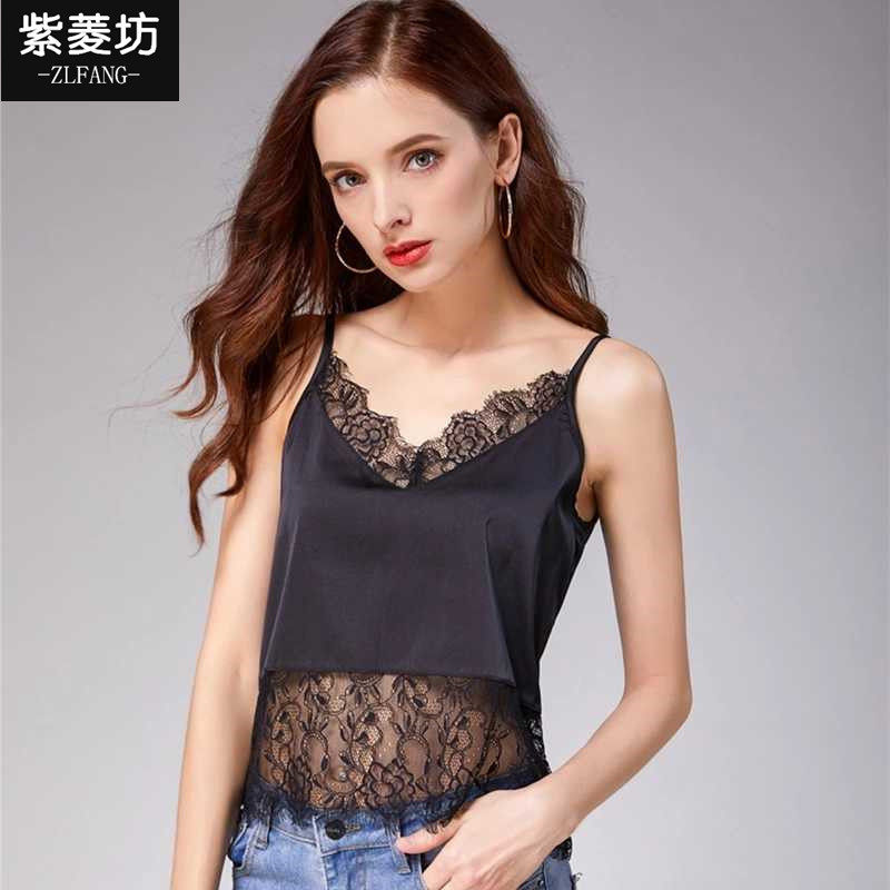 蕾丝缎面吊带背心女夏短款V领性感美背网红爆款内搭打底上衣外穿