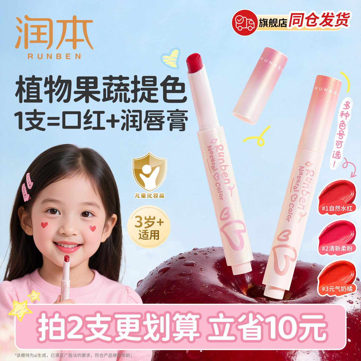 润本儿童口红小女孩专用天然变色保湿滋润唇膏防干裂护唇官方正品