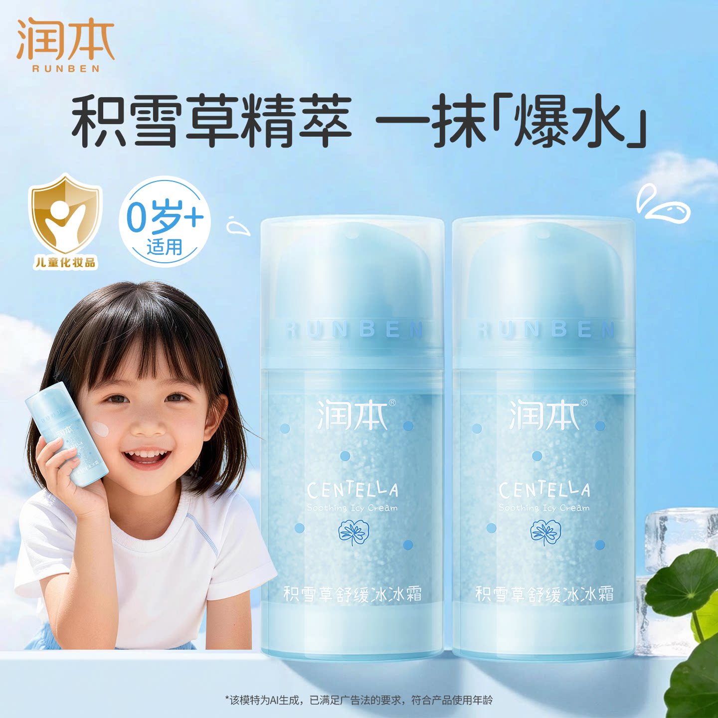 润本积雪草儿童面霜夏天婴儿保湿霜宝宝冰沙露清爽滋润补水润肤乳
