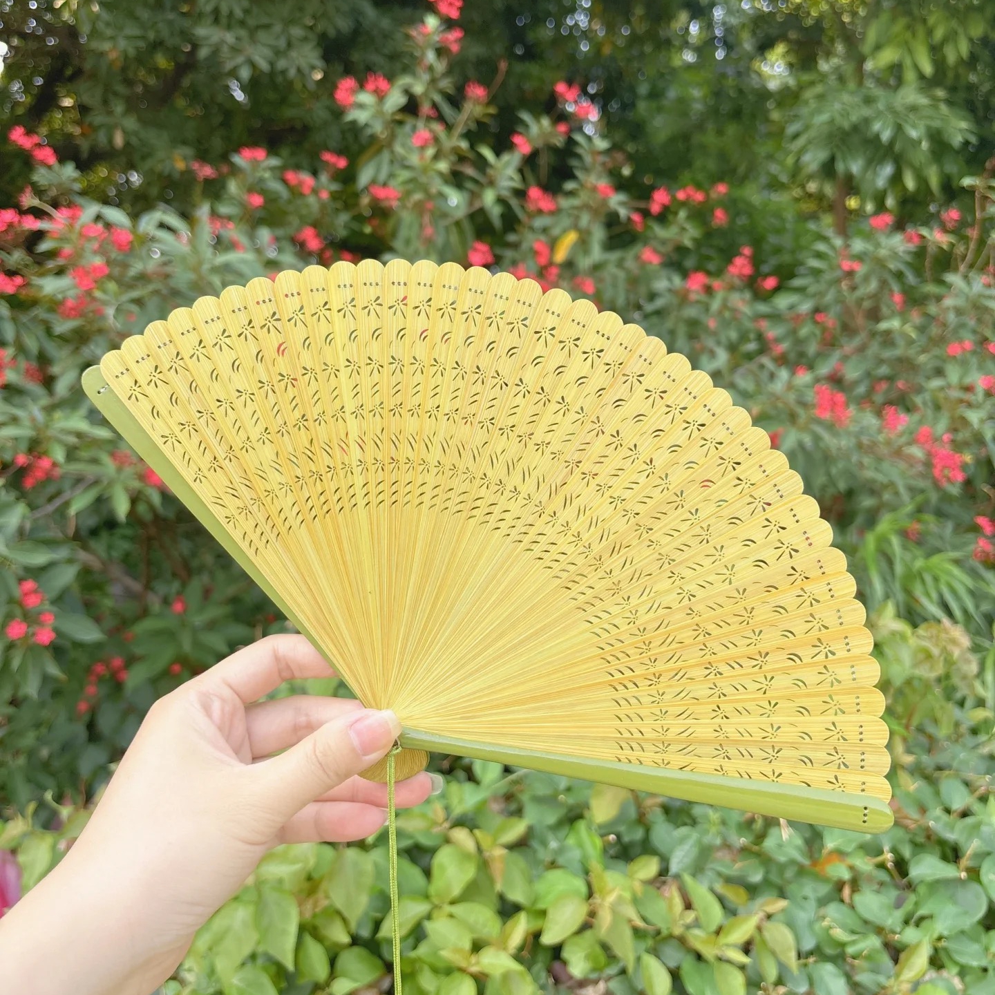 全竹扇子折扇鏤空蜻蜓扇子6寸便攜原竹綠色中國風古風古典舞蹈扇