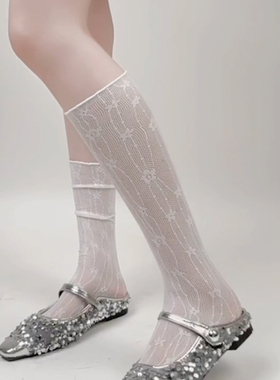 花朵黑色蕾丝袜子女夏季薄款网纱缕空小腿堆堆袜miu风木耳花边透