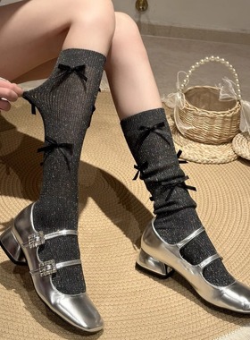 夏季薄款芭蕾风绑带蝴蝶结小腿袜闪亮丝银丝堆堆袜深灰色中筒长袜