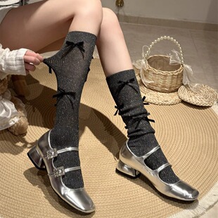 夏季 芭蕾风绑带蝴蝶结小腿袜闪亮丝银丝堆堆袜深灰色中筒长袜 薄款