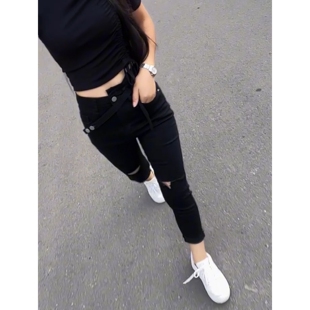 春秋黑色破洞牛仔裤女欧版不规则低腰弹力修身紧身显瘦百搭九分裤