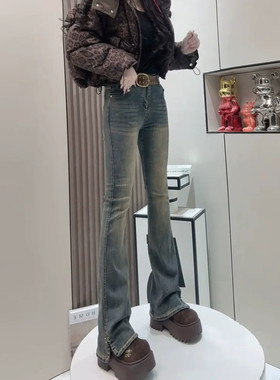 欧版复古水洗微喇叭牛仔裤女士开叉马蹄裤弹力修身显瘦百搭长裤子
