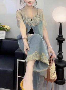 蕾丝花边拼接阔腿牛仔裤女