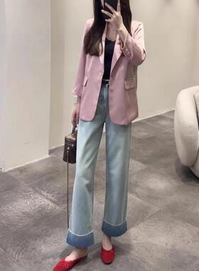 欧版浅蓝色直筒牛仔裤女春夏宽松阔腿显瘦百搭梨型腿粗窄版九分裤