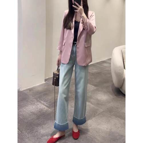 欧版浅蓝色直筒牛仔裤女