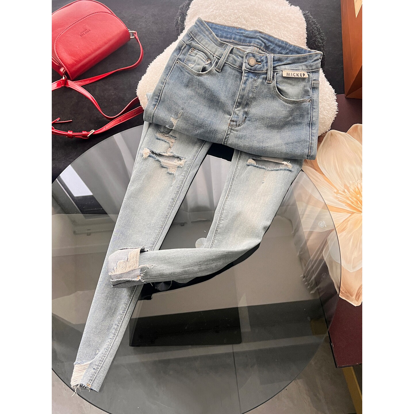 破洞牛仔裤女夏季弹力小脚裤修身紧身显瘦百搭毛边浅蓝铅笔九分裤
