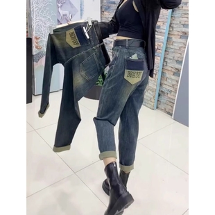 遮胯显瘦九分裤 女春秋高腰弹力复古刺绣撞色老爹裤 哈伦牛仔裤 欧版