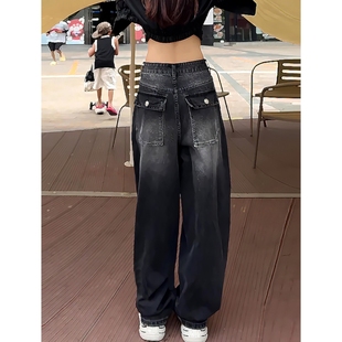 口袋设计感牛仔阔腿裤女春秋美式高街灰黑色弯刀裤显瘦百搭长裤子