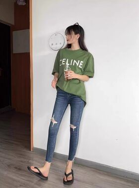 高腰破洞小脚牛仔裤女夏季