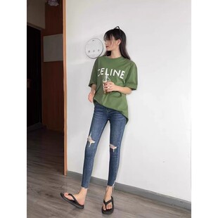 高腰破洞小脚牛仔裤女夏季新款韩版修身显瘦百搭小个子九分铅笔裤