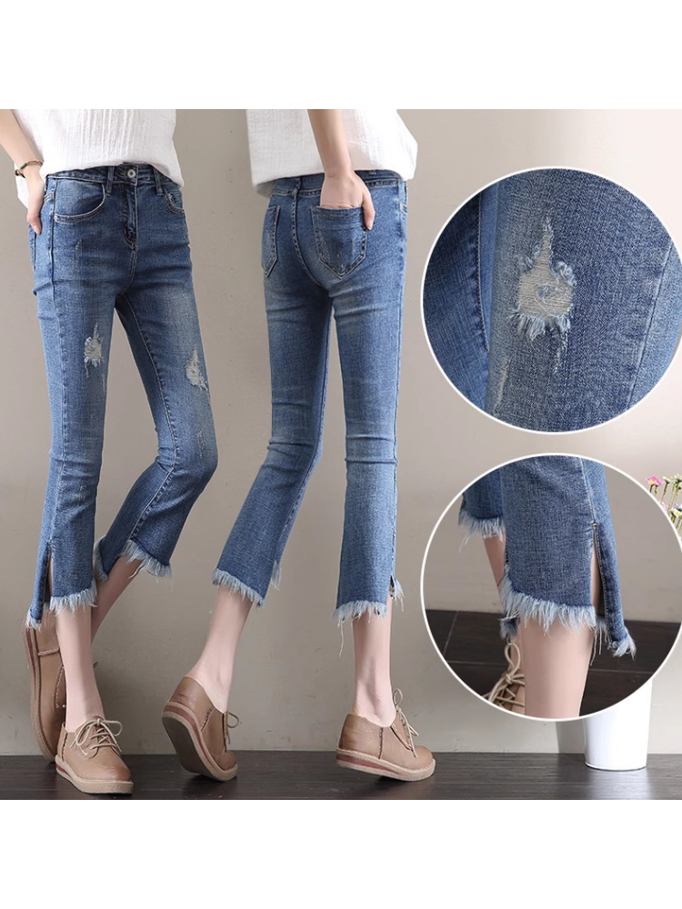 SUMMER THIN JEANS SMALL WOMEN THIN RAW EDGES IRREGULAR CROPPED PANTS SLIT SLIM TIGHT FIT SLIGHTLY FLARE