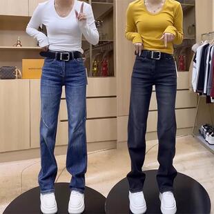 弹力宽松显瘦百搭微胖长裤 窄版 弯刀裤 女春秋复古欧版 子 直筒牛仔裤