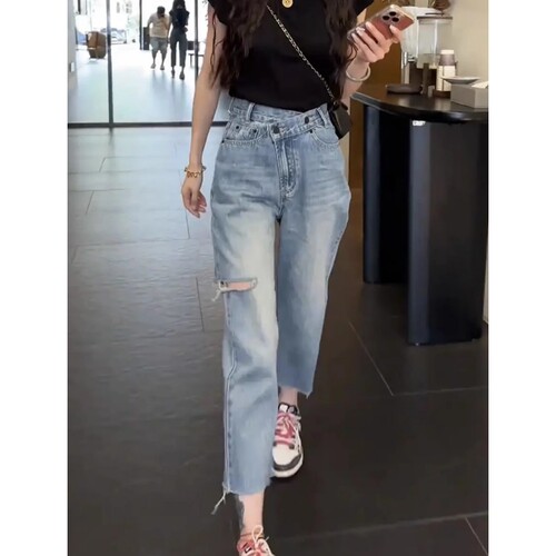 欧版破洞牛仔裤女九分裤
