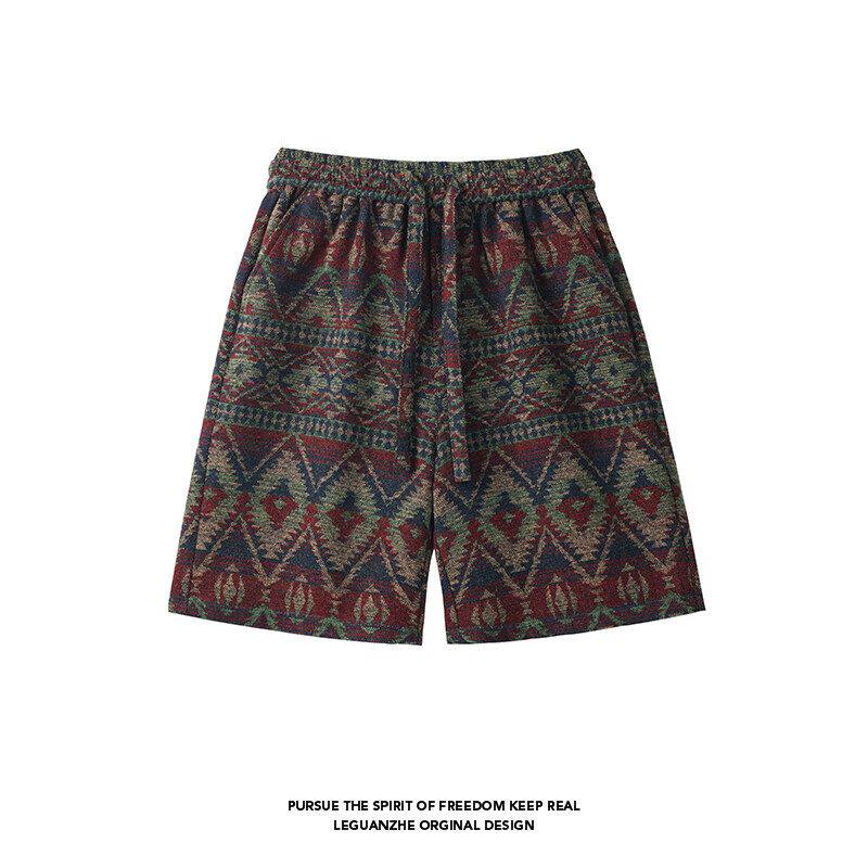 国潮复古民族风印花短裤男款夏季美式重磅运动五分裤直筒休闲中裤