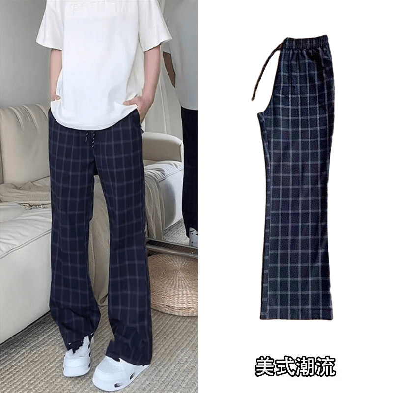 裤子春秋季潮流穿搭宽松阔腿裤男女高街复古格子学生运动潮男卫裤