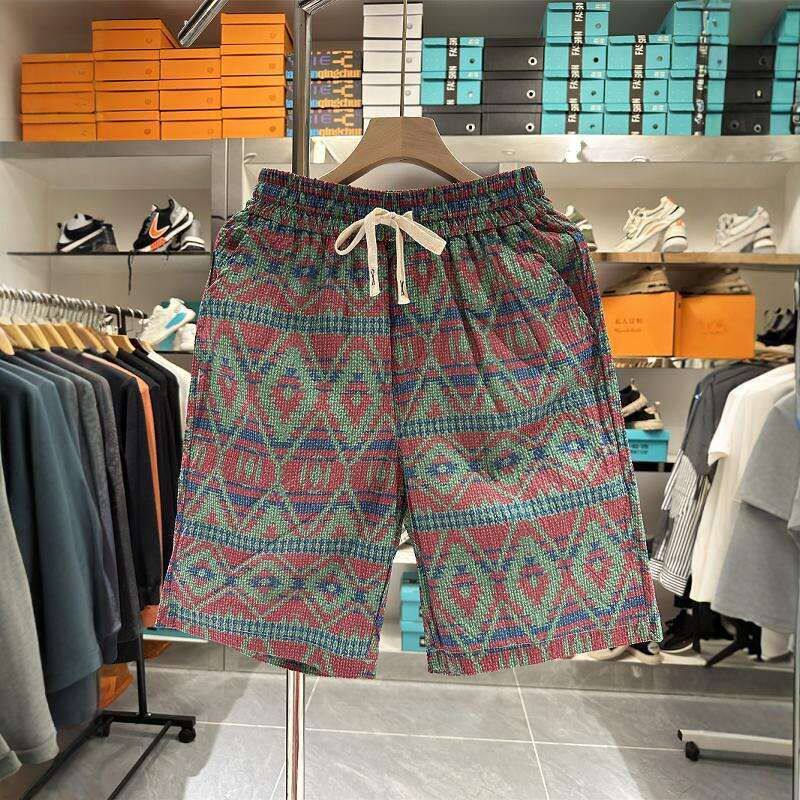 国风拼接印花短裤男夏季加肥加大码潮胖子宽松运动复古休闲五分裤