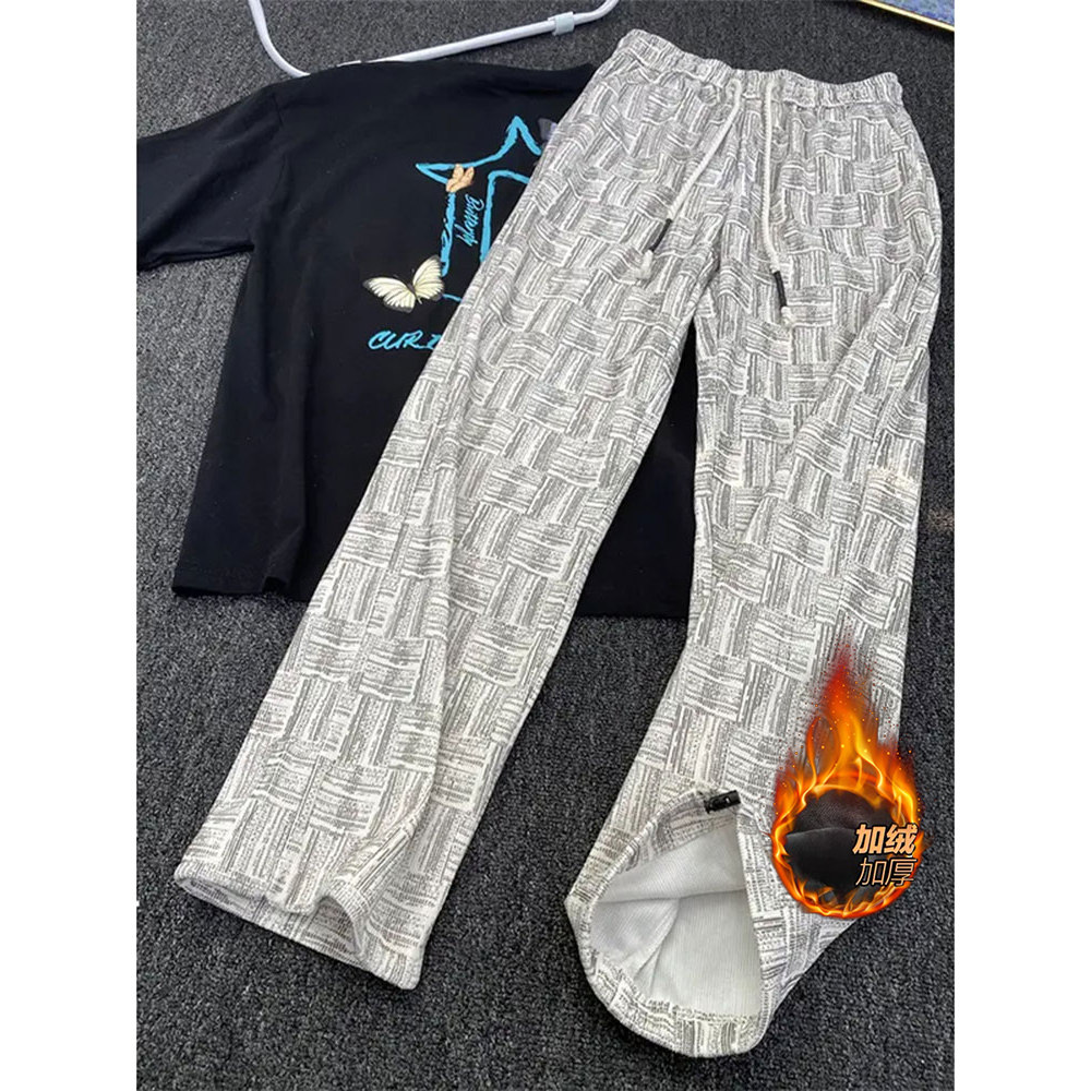 灯芯绒黑色格子裤男秋冬季加绒休闲裤慵懒风垂坠感阔腿大码长裤,男装,休闲裤,淘宝优惠券,粉丝福利购,淘宝优惠卷