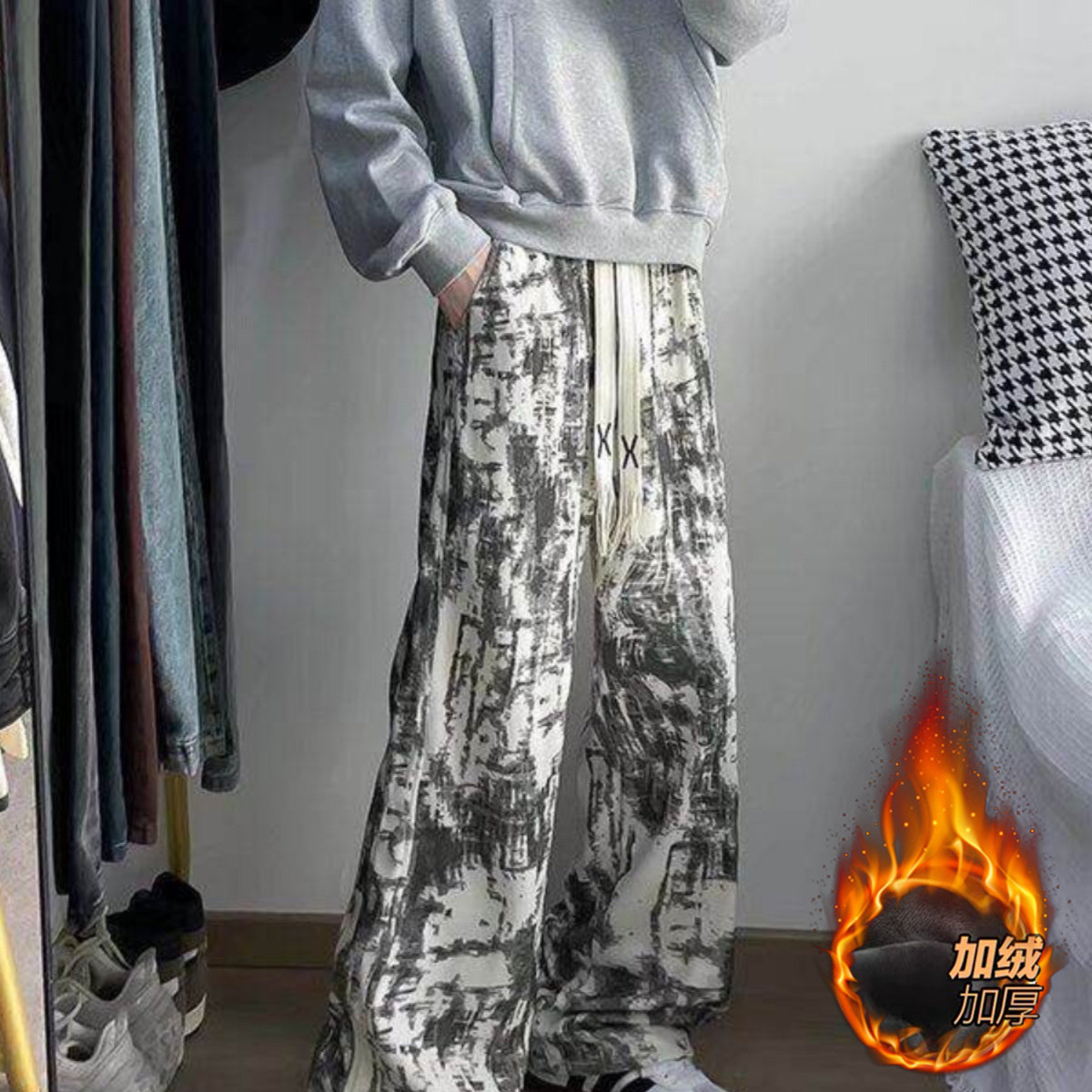 裤子男秋冬加绒灯芯绒美式复古设计感青年宽松直筒休闲卫裤时尚