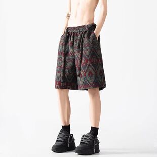 针织脏脏风短裤 印花国潮休闲五分裤 男2026夏季 时尚 新款 民族风美式