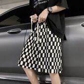 潮牌痞帅潮流宽松阔腿篮球运动五分裤 男复古美式 棋盘格子短裤 夏季