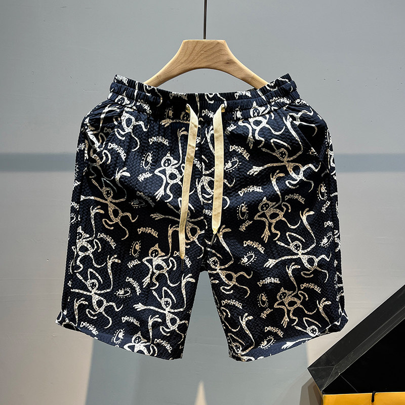 冰丝沙滩裤男夏季薄款宽松速干休闲短裤美式潮牌透气满印花五分裤