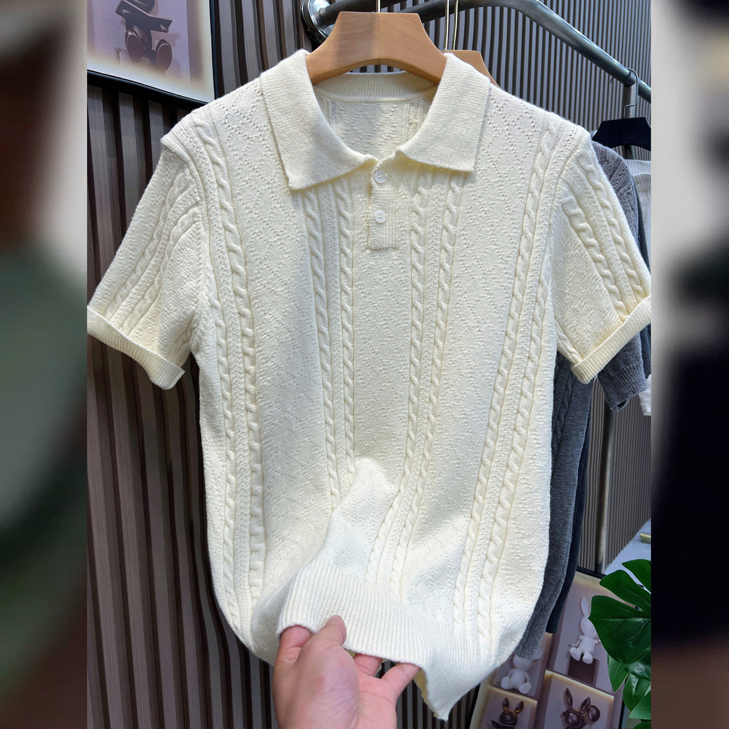 麦穗提花针织Polo领短袖知识分子老钱风boxy短宽版型正肩t恤上衣